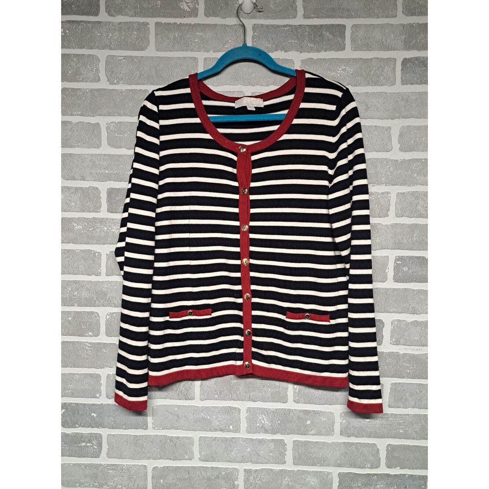 Carolyn Taylor Womens Striped Gold Button Round Neck Cardigan SIze‎ Large